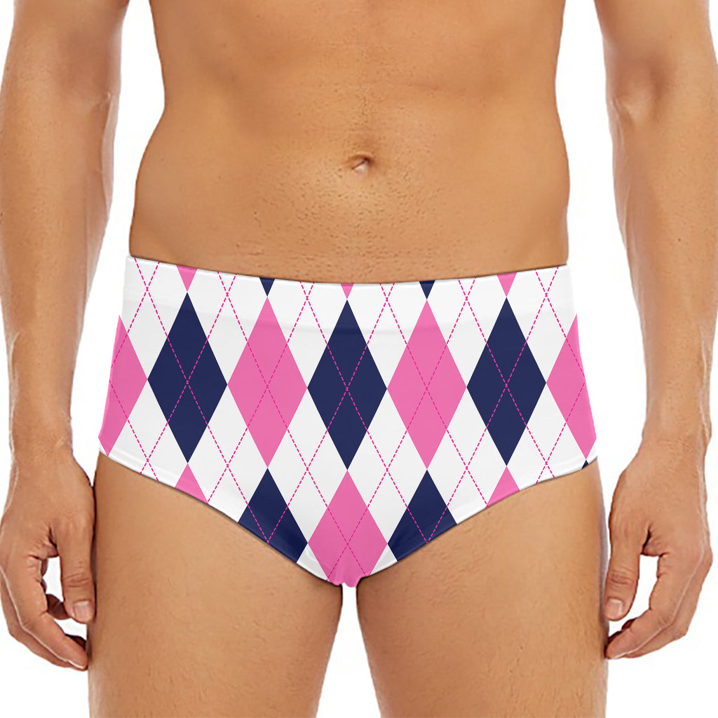 White Blue And Pink Argyle Pattern Print Men's Triangle Swim Briefs