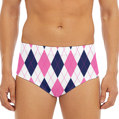 White Blue And Pink Argyle Pattern Print Men's Triangle Swim Briefs