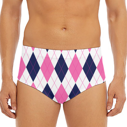 White Blue And Pink Argyle Pattern Print Men's Triangle Swim Briefs