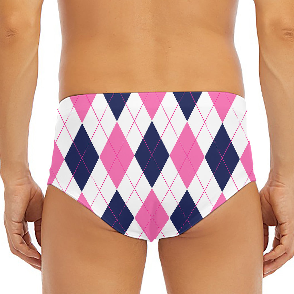 White Blue And Pink Argyle Pattern Print Men's Triangle Swim Briefs