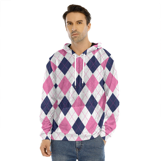 White Blue And Pink Argyle Pattern Print Men's Velvet Pullover Hoodie