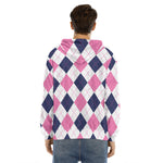 White Blue And Pink Argyle Pattern Print Men's Velvet Pullover Hoodie