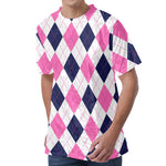 White Blue And Pink Argyle Pattern Print Men's Velvet T-Shirt