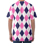White Blue And Pink Argyle Pattern Print Men's Velvet T-Shirt