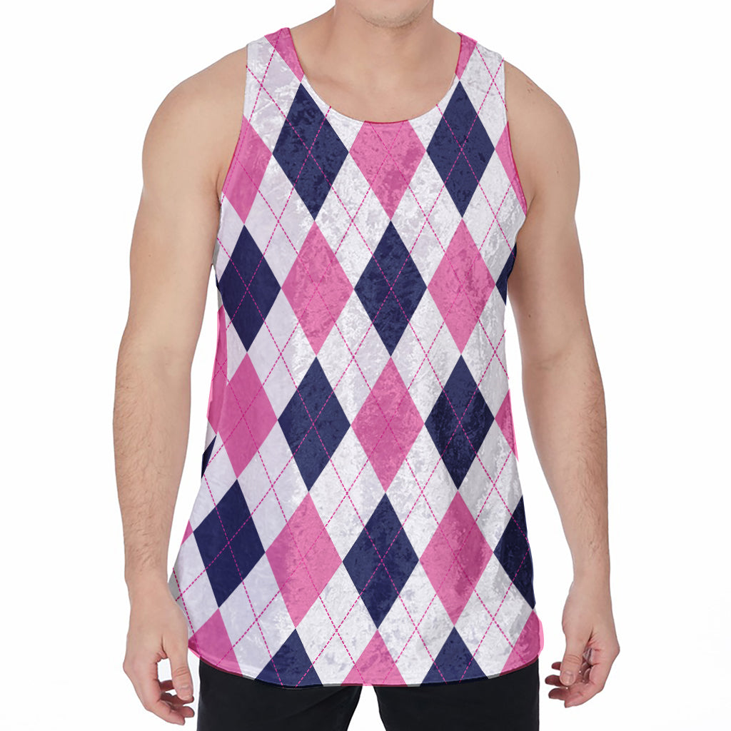 White Blue And Pink Argyle Pattern Print Men's Velvet Tank Top