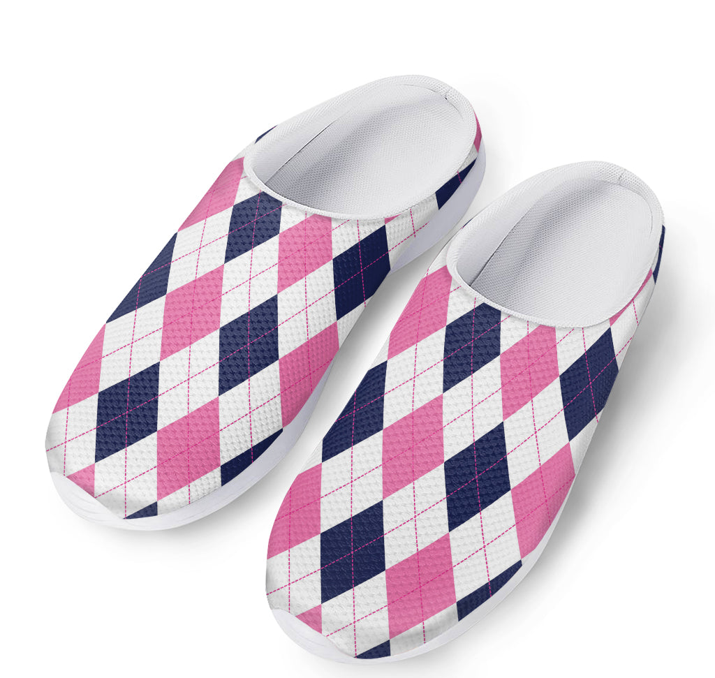 White Blue And Pink Argyle Pattern Print Mesh Casual Shoes