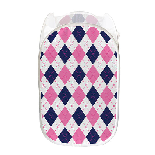 White Blue And Pink Argyle Pattern Print Mesh Laundry Hamper