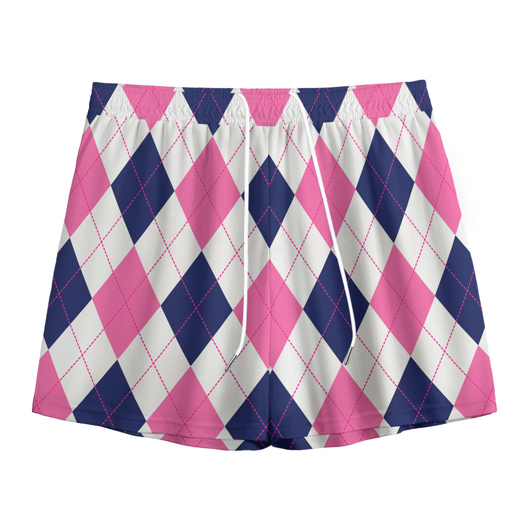 White Blue And Pink Argyle Pattern Print Mesh Shorts