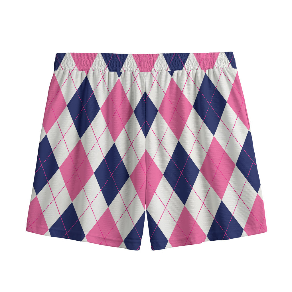 White Blue And Pink Argyle Pattern Print Mesh Shorts