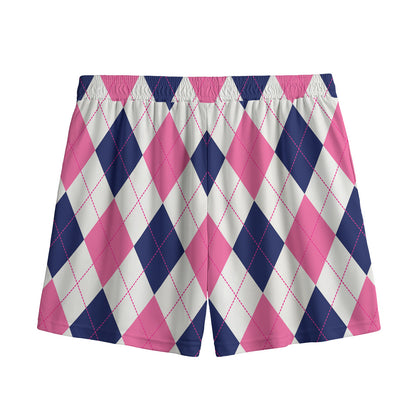White Blue And Pink Argyle Pattern Print Mesh Shorts