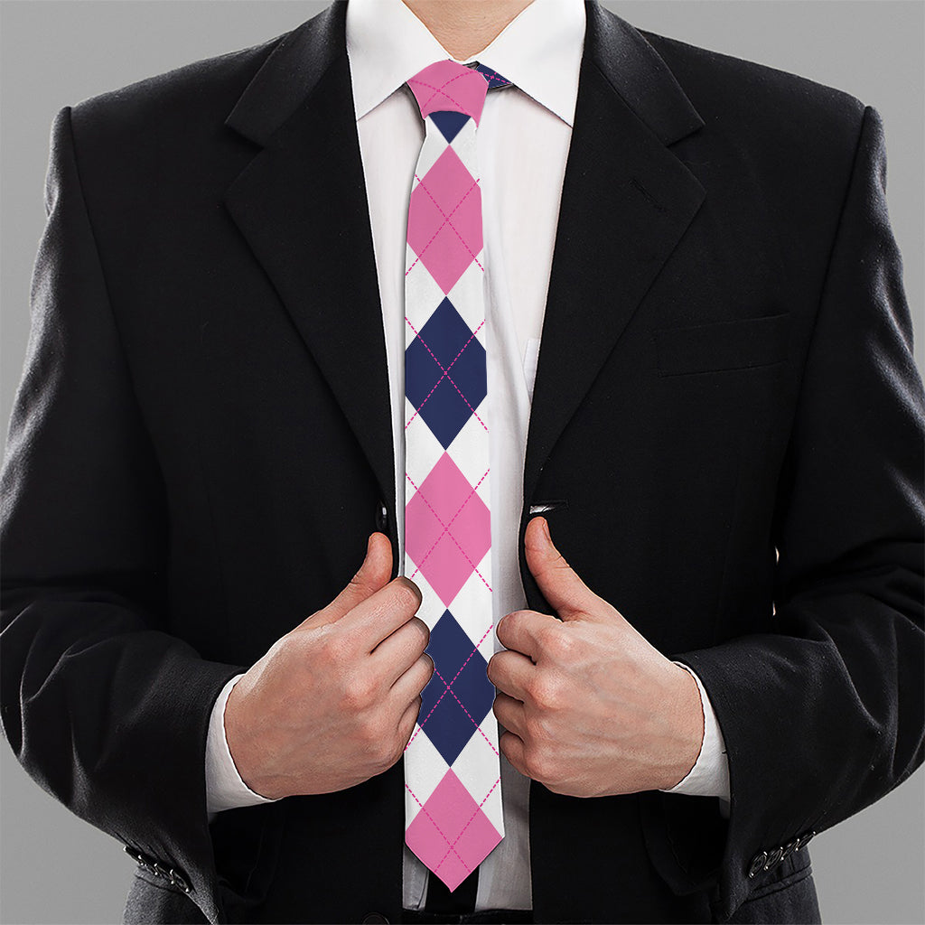 White Blue And Pink Argyle Pattern Print Necktie