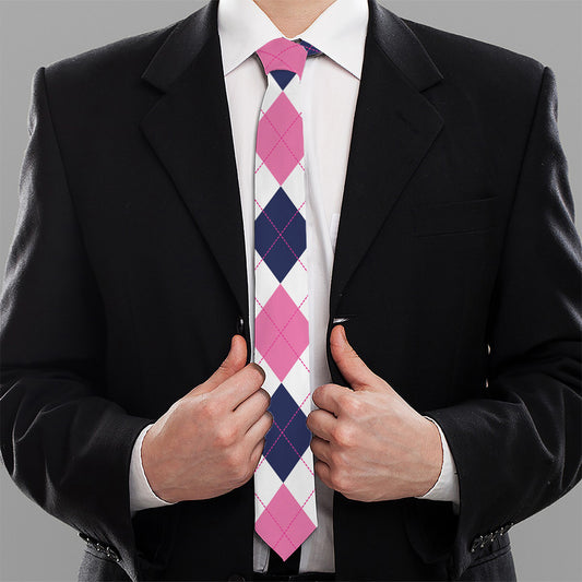 White Blue And Pink Argyle Pattern Print Necktie