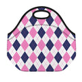 White Blue And Pink Argyle Pattern Print Neoprene Lunch Bag