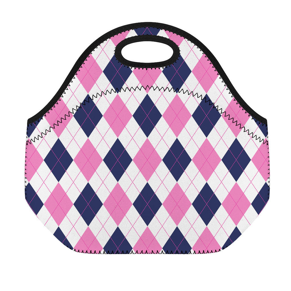 White Blue And Pink Argyle Pattern Print Neoprene Lunch Bag