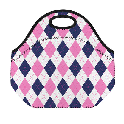 White Blue And Pink Argyle Pattern Print Neoprene Lunch Bag