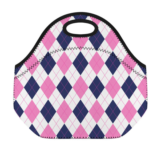 White Blue And Pink Argyle Pattern Print Neoprene Lunch Bag