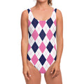 White Blue And Pink Argyle Pattern Print One Piece Swimsuit