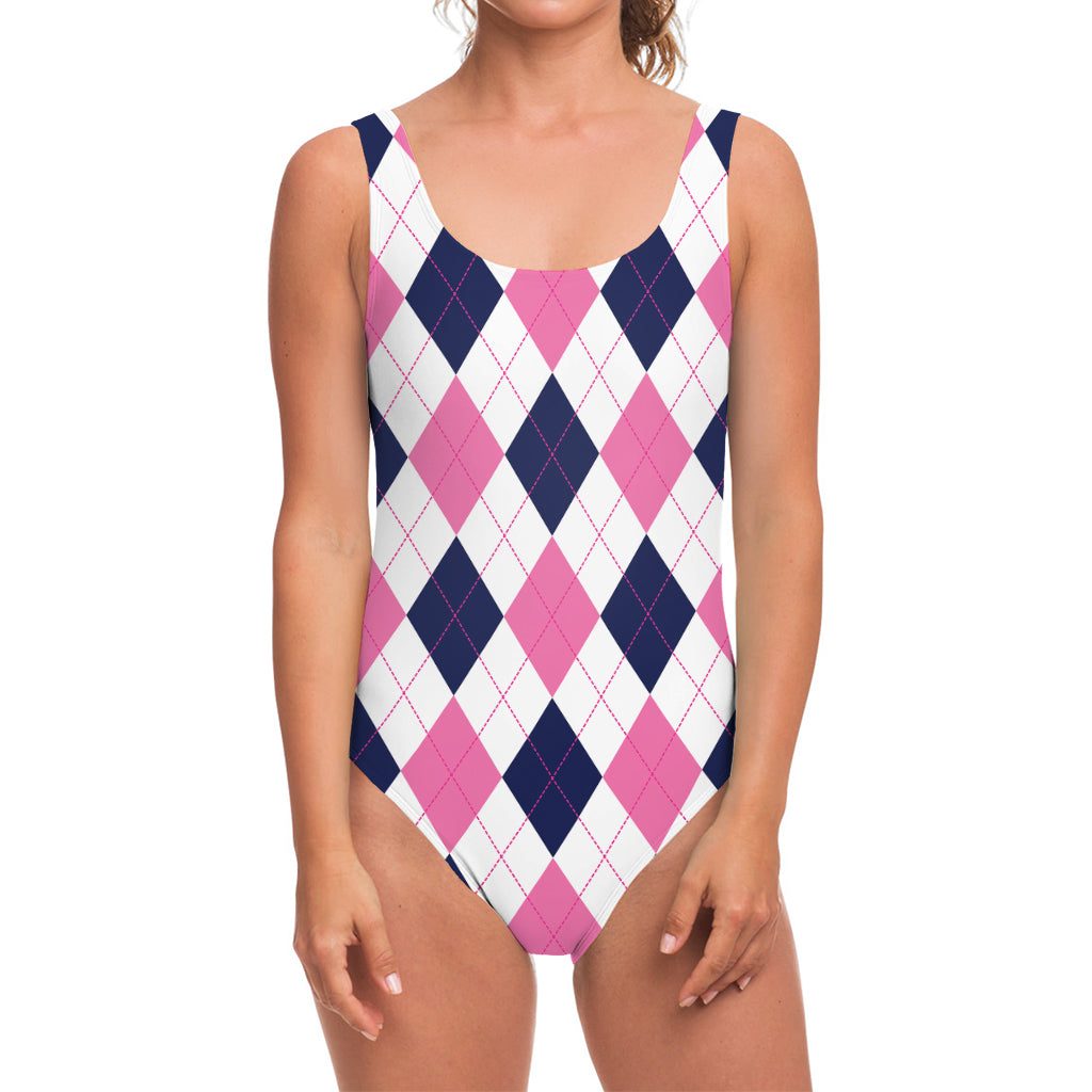 White Blue And Pink Argyle Pattern Print One Piece Swimsuit