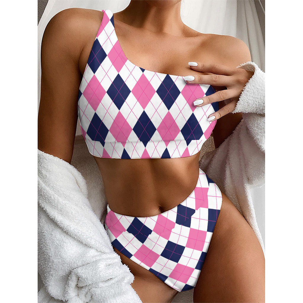 White Blue And Pink Argyle Pattern Print One Shoulder Bikini Top