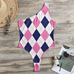 White Blue And Pink Argyle Pattern Print One Shoulder Bodysuit