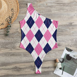 White Blue And Pink Argyle Pattern Print One Shoulder Bodysuit
