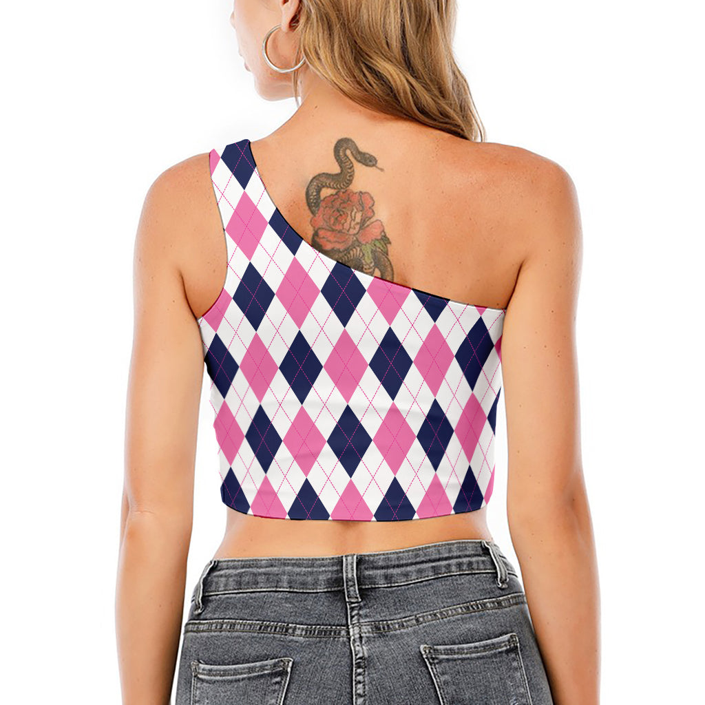 White Blue And Pink Argyle Pattern Print One Shoulder Crop Top