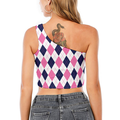 White Blue And Pink Argyle Pattern Print One Shoulder Crop Top