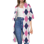 White Blue And Pink Argyle Pattern Print Open Front Beach Cover Up
