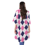 White Blue And Pink Argyle Pattern Print Open Front Beach Cover Up