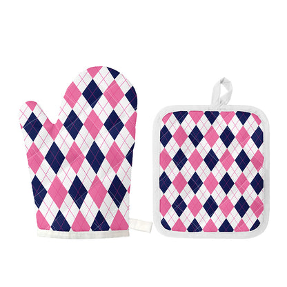 White Blue And Pink Argyle Pattern Print Oven Mitt And Pot Holder Set
