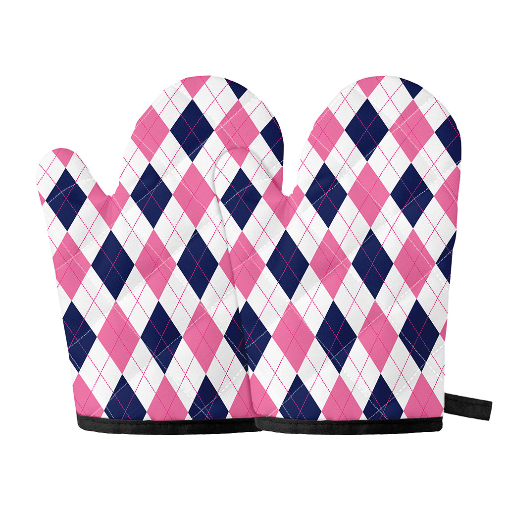 White Blue And Pink Argyle Pattern Print Oven Mitts