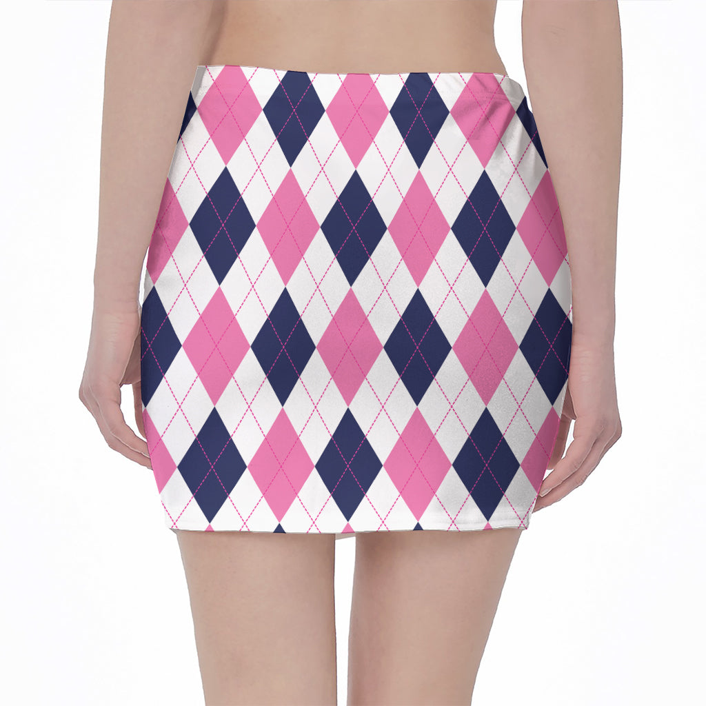 White Blue And Pink Argyle Pattern Print Pencil Mini Skirt