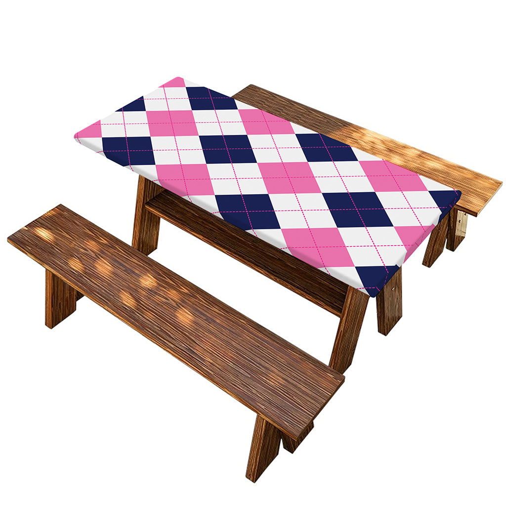 White Blue And Pink Argyle Pattern Print Picnic Table Cover