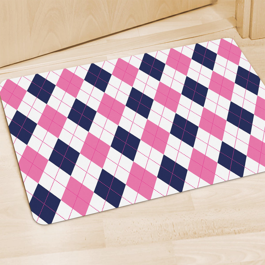 White Blue And Pink Argyle Pattern Print Polyester Doormat