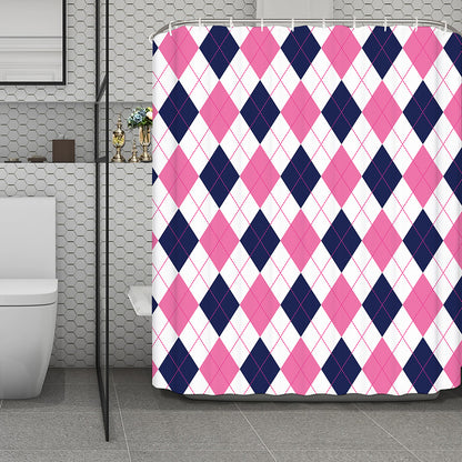 White Blue And Pink Argyle Pattern Print Polyester Shower Curtain