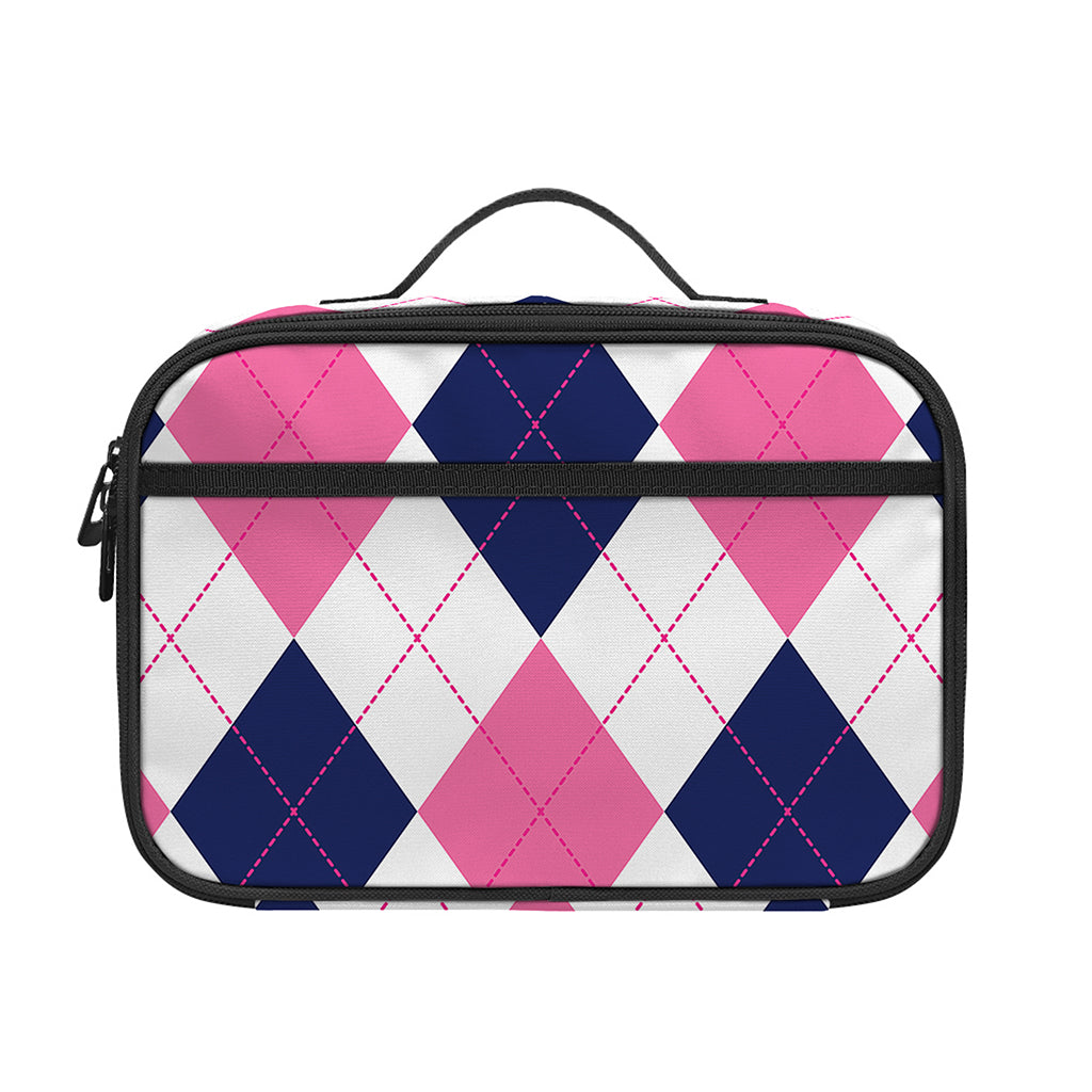 White Blue And Pink Argyle Pattern Print Portable Lunch Bag