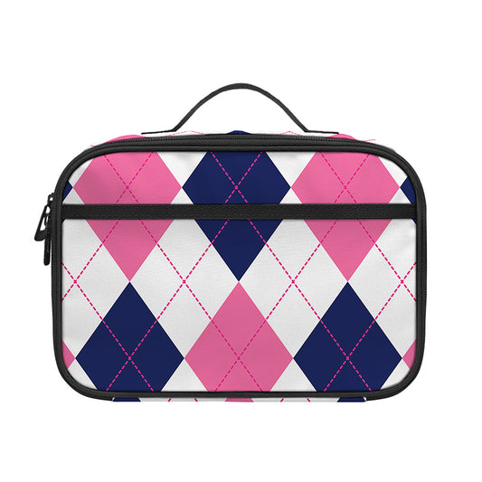 White Blue And Pink Argyle Pattern Print Portable Lunch Bag
