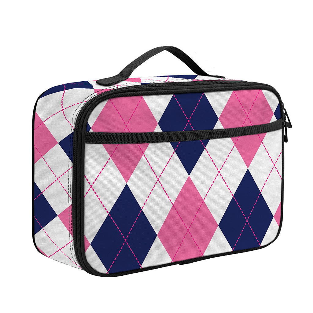White Blue And Pink Argyle Pattern Print Portable Lunch Bag
