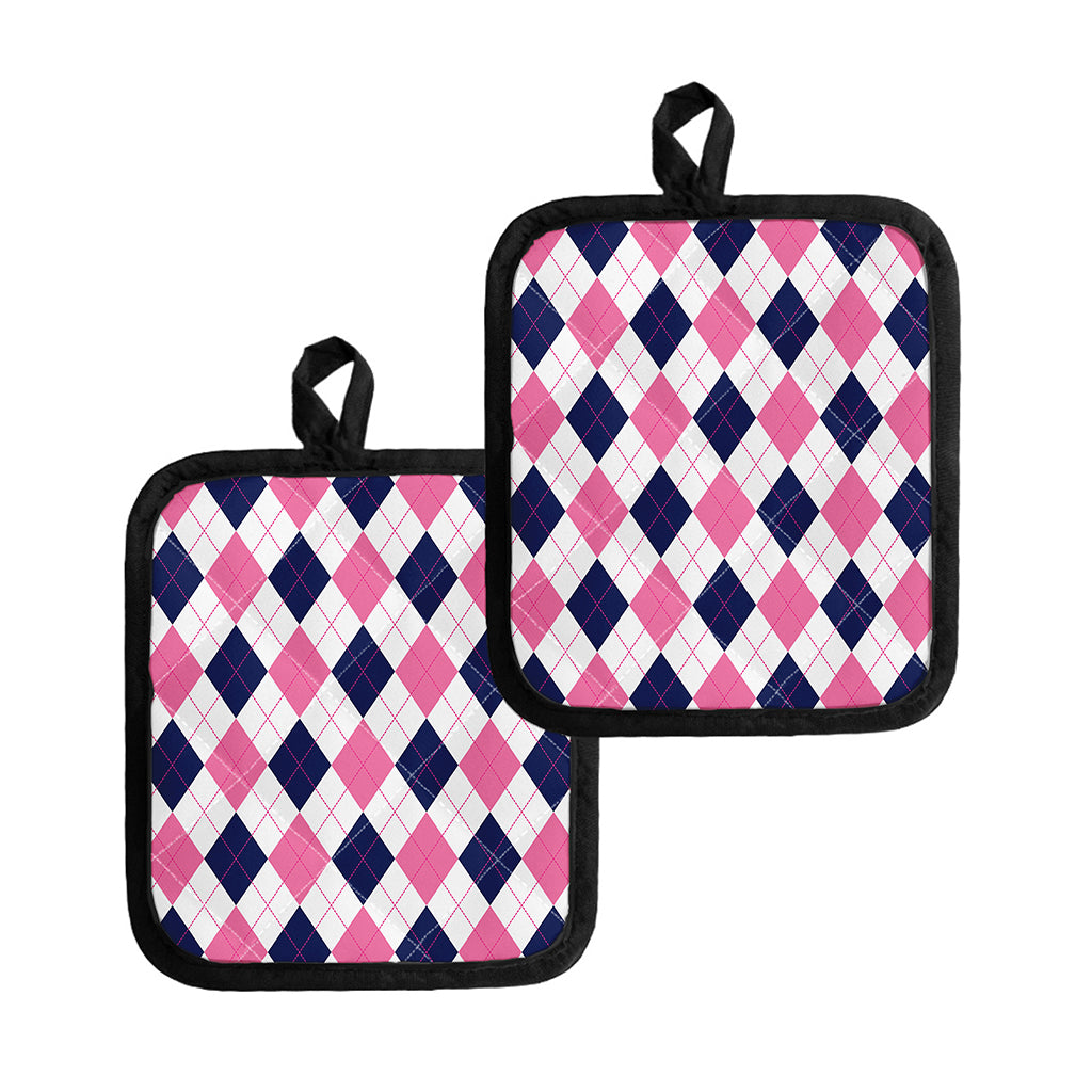 White Blue And Pink Argyle Pattern Print Pot Holders