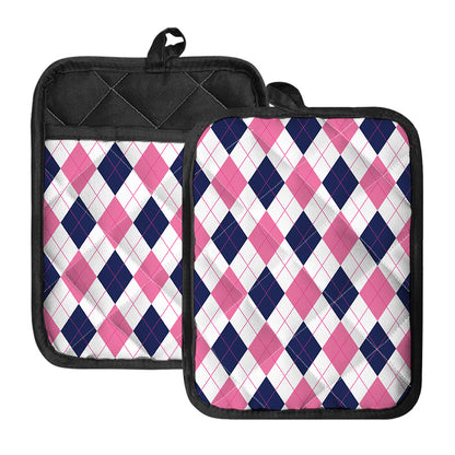 White Blue And Pink Argyle Pattern Print Pot Holders With Pocket