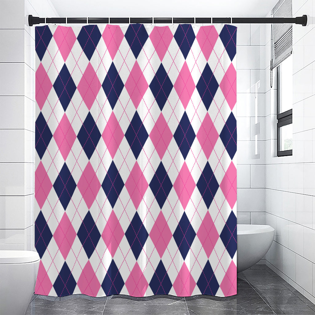 White Blue And Pink Argyle Pattern Print Premium Shower Curtain