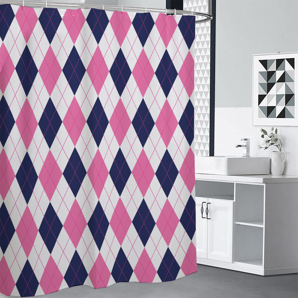 White Blue And Pink Argyle Pattern Print Premium Shower Curtain