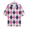 White Blue And Pink Argyle Pattern Print Rayon Hawaiian Shirt