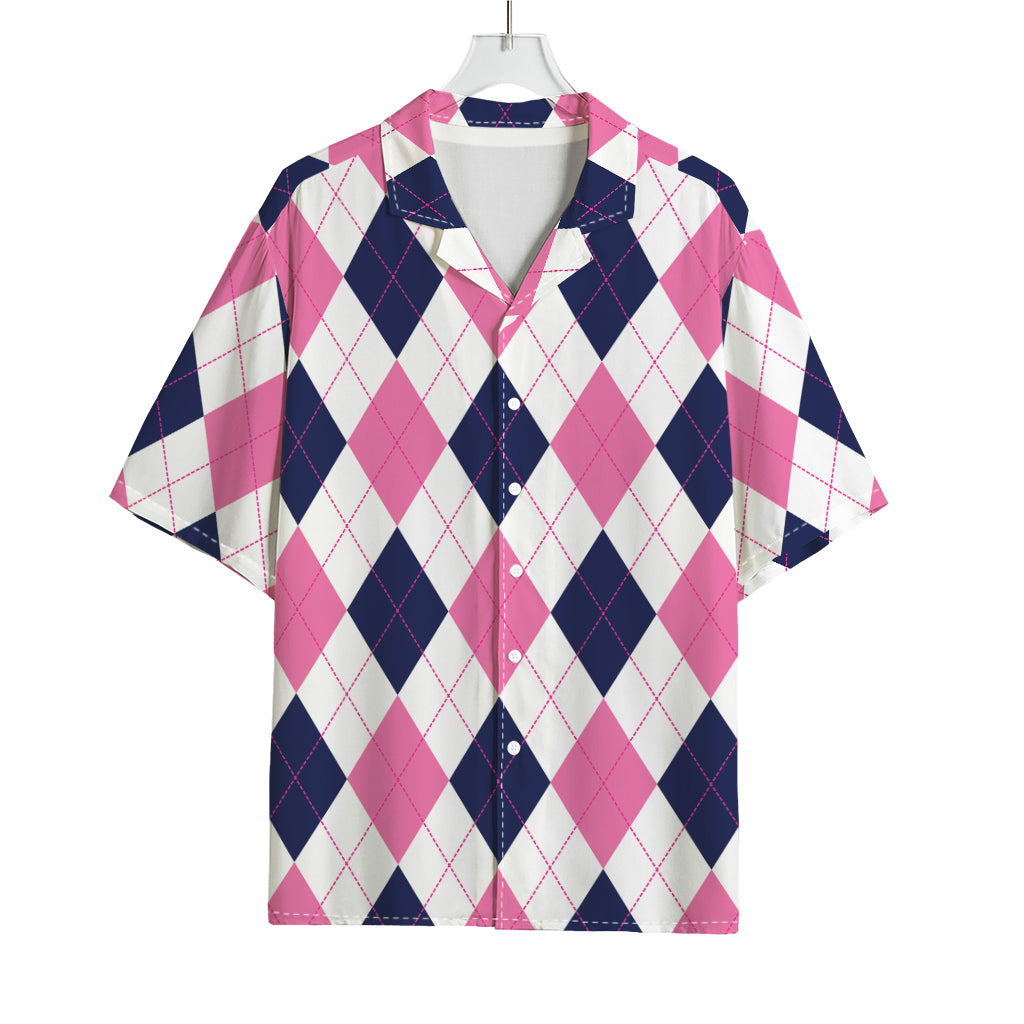 White Blue And Pink Argyle Pattern Print Rayon Hawaiian Shirt