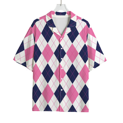White Blue And Pink Argyle Pattern Print Rayon Hawaiian Shirt