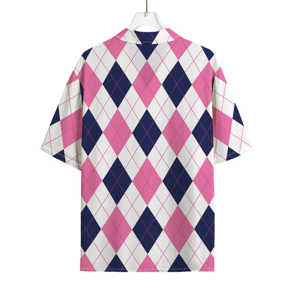 White Blue And Pink Argyle Pattern Print Rayon Hawaiian Shirt