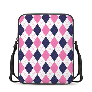 White Blue And Pink Argyle Pattern Print Rectangular Crossbody Bag