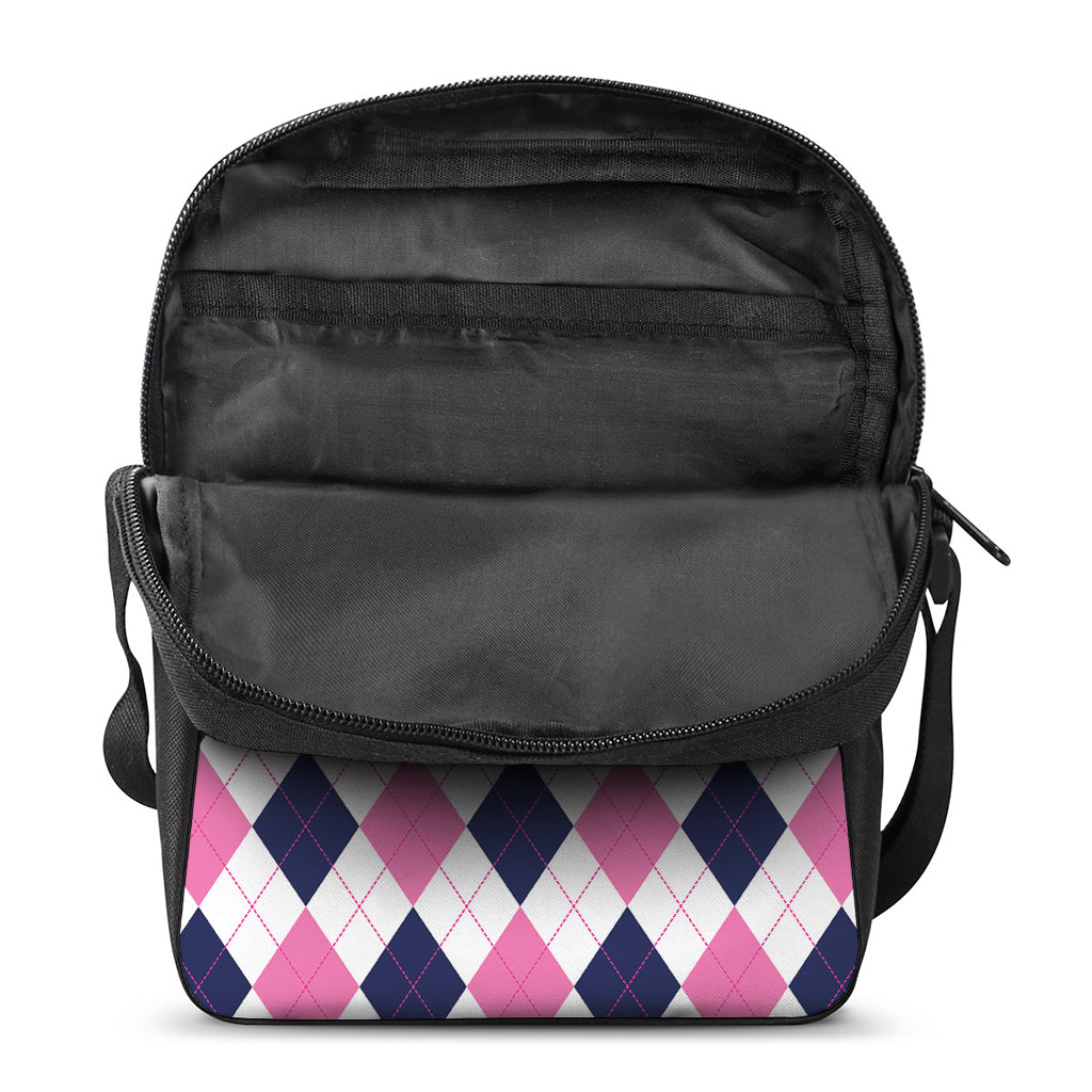 White Blue And Pink Argyle Pattern Print Rectangular Crossbody Bag