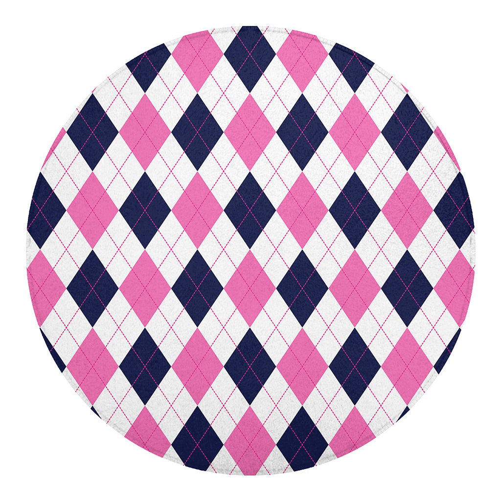 White Blue And Pink Argyle Pattern Print Round Blanket
