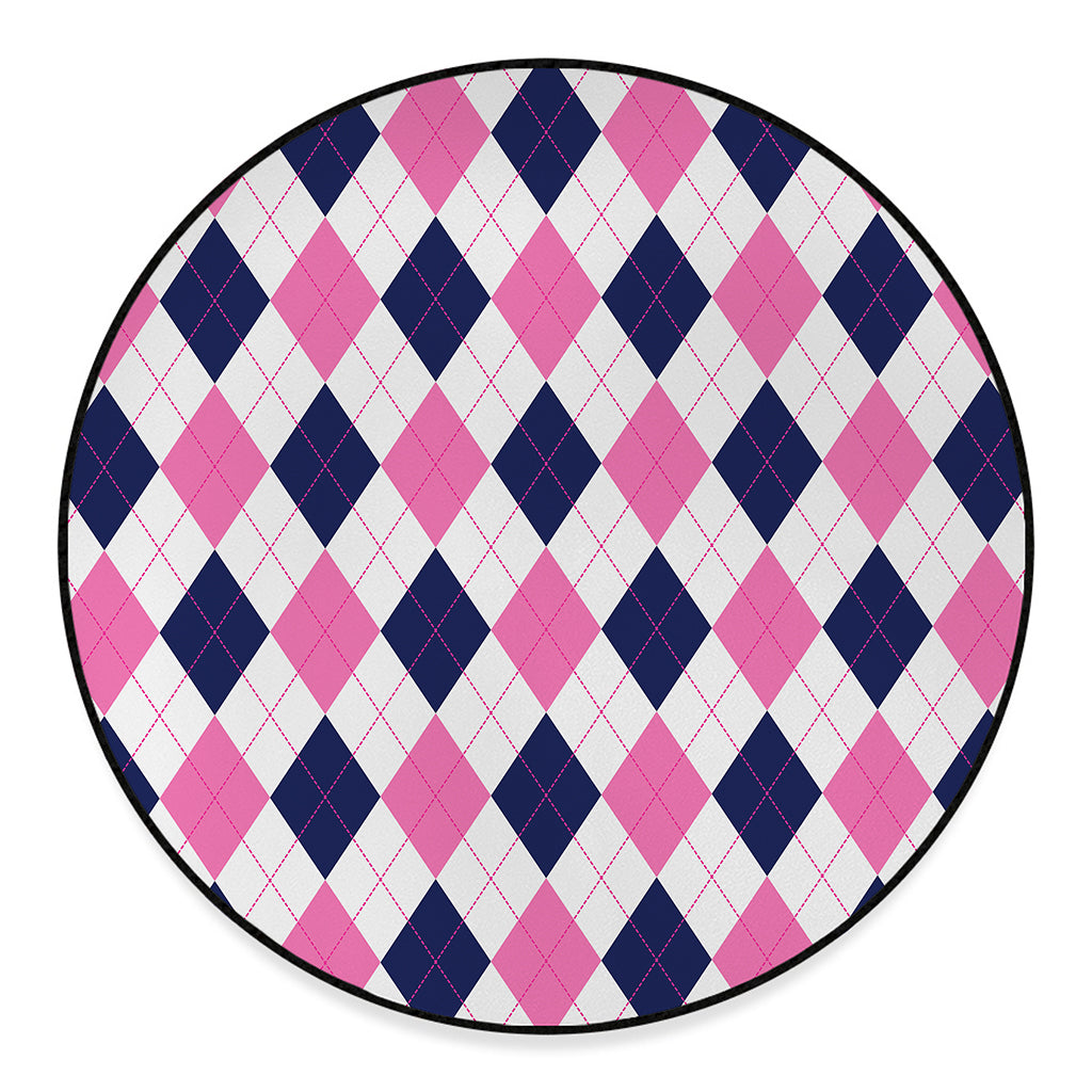 White Blue And Pink Argyle Pattern Print Round Floor Mat